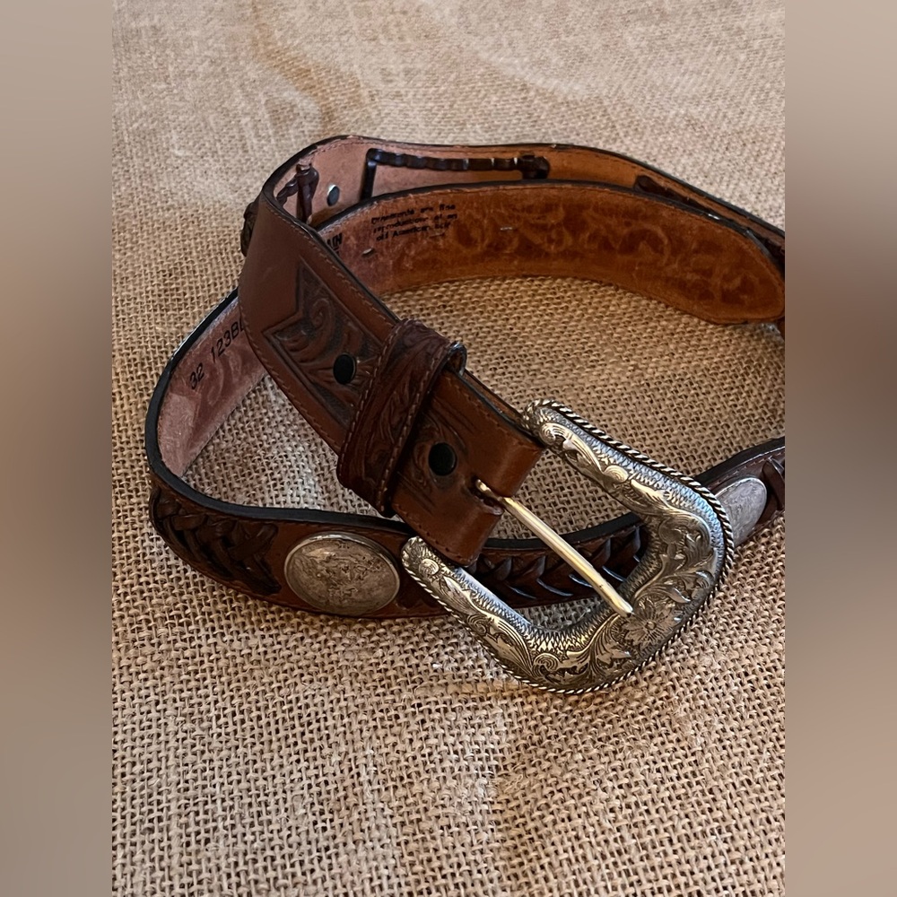 Justin Brown Tooled Cowhide Leather Concho Coin Belt Silver Buckle western 32 in